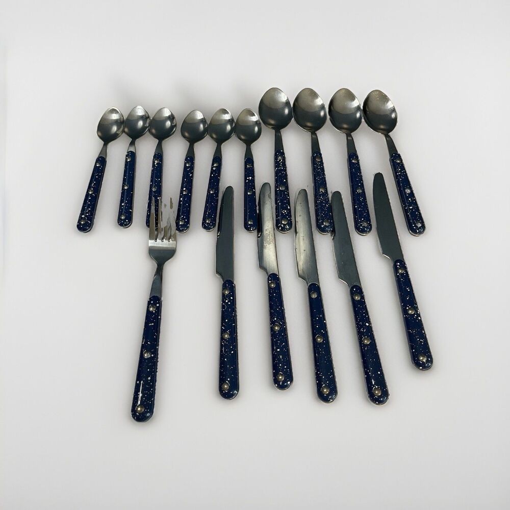 GSI Outdoors Cutlery Flatware 16 Pc Blue Speckled Enamel S.S. *Incomplete